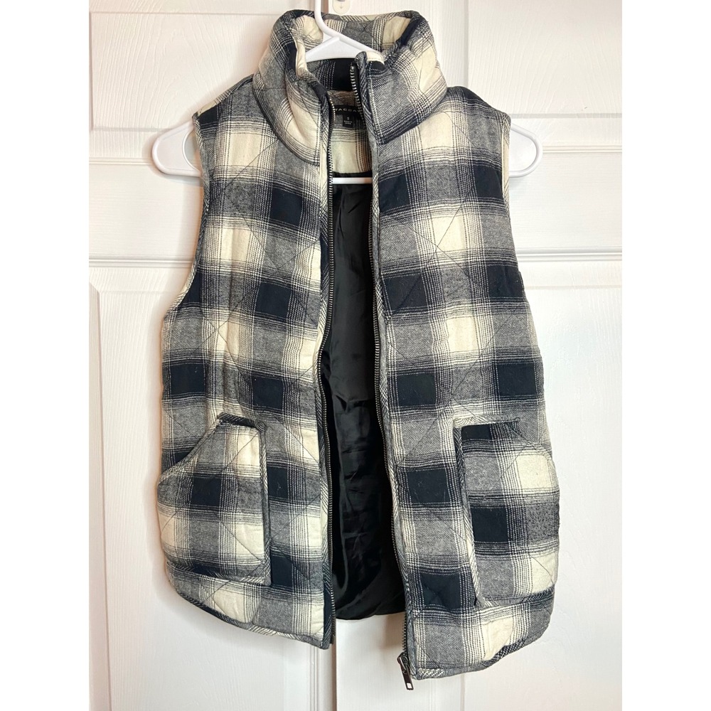 Staccato Womens Plaid Quilted Puffer Vest Black Cream Flannel Full Zip Small